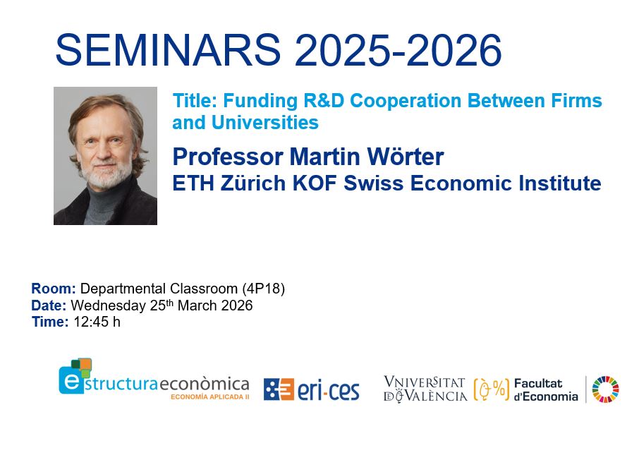 Seminars 2025 -2026. 25th March, 4P18, 12:45h Martin Wörter: Funding R&D Cooperation between firms and Universities
